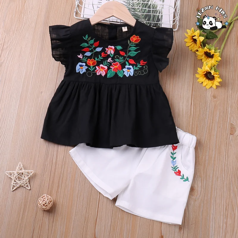 LEZONKIDS - Customized Girls Clothing Toddler Girls Clothing Sets Ruffle Flower Embroidery Short Girls Set